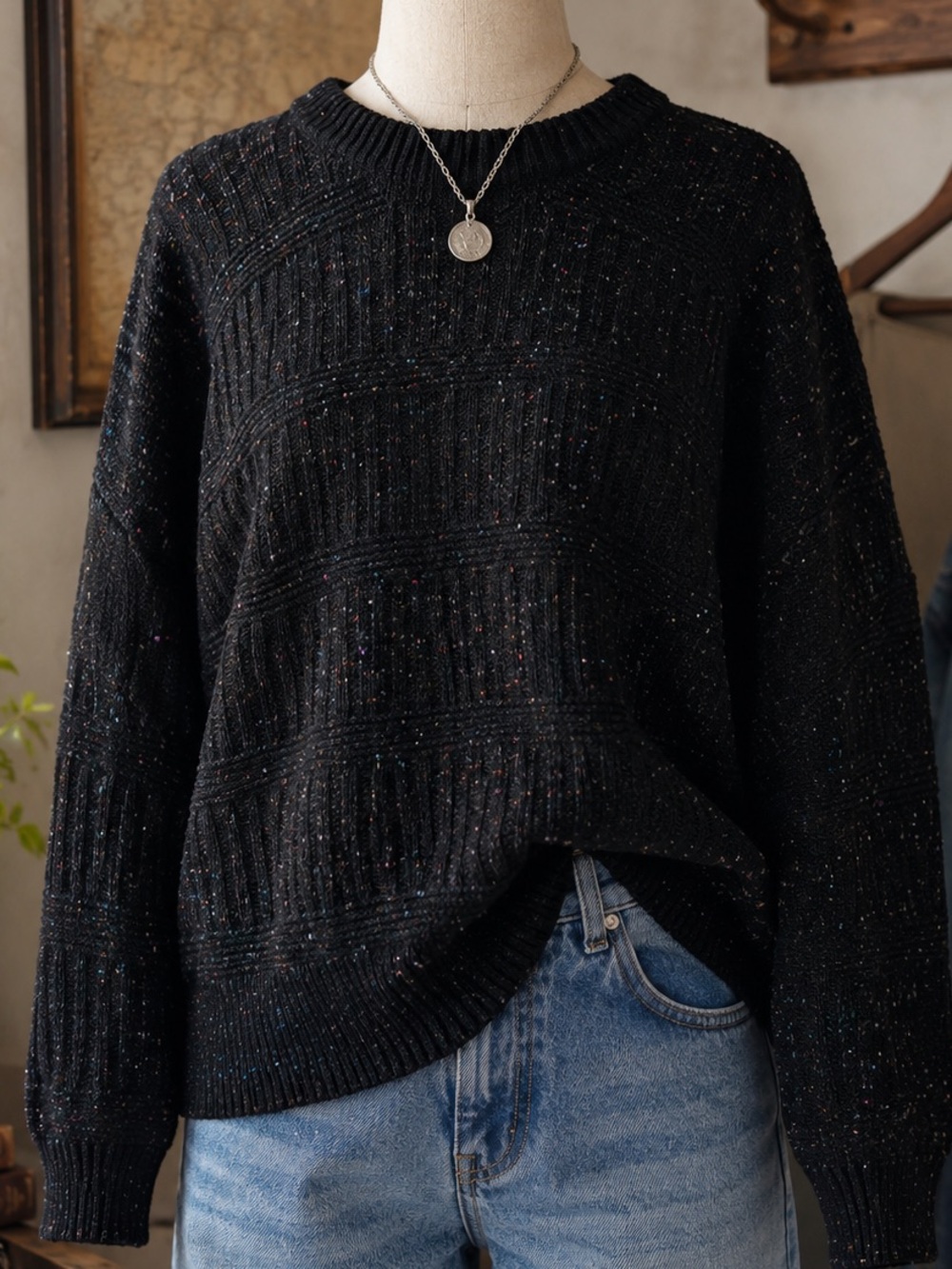 Vintage American Edition Grandpa Sweater USA Made Black Flecked Knit L XL